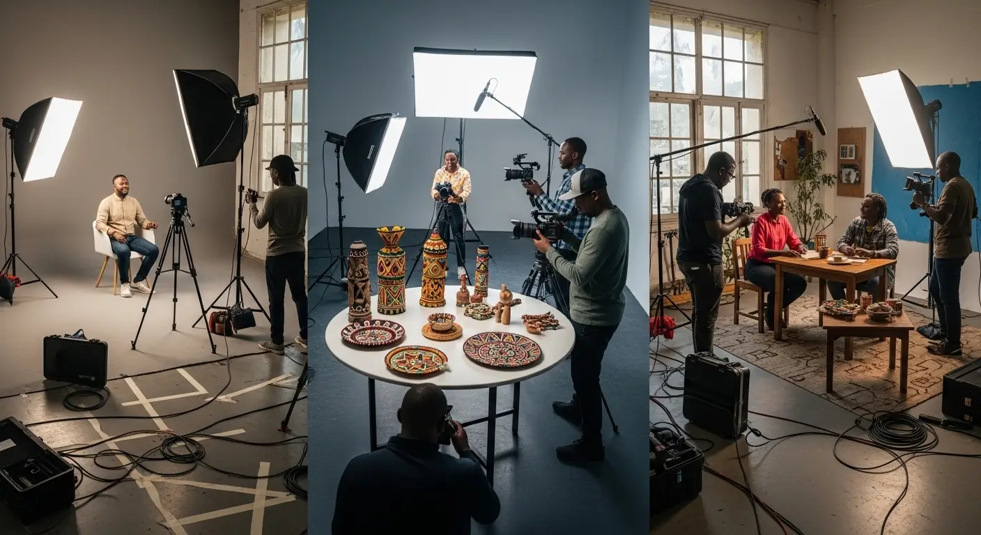 Kenyan social media video production crew filming multiple content setups efficiently across a single Nairobi studio production day with talking head product and lifestyle scenes