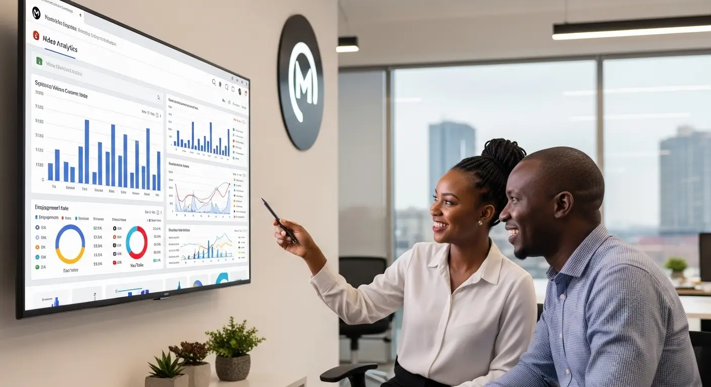 Kenyan social media manager and client reviewing growing video content performance analytics across Instagram TikTok Facebook and YouTube in a modern Nairobi office