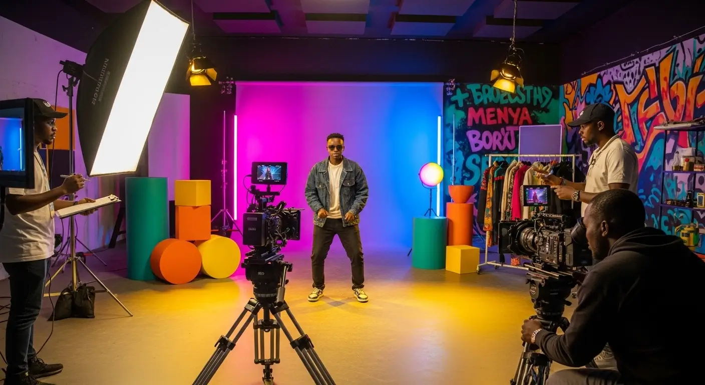 Young Kenyan TikTok content creator filming a professional high energy TikTok video in a vibrant colorful Nairobi studio with director and camera operator