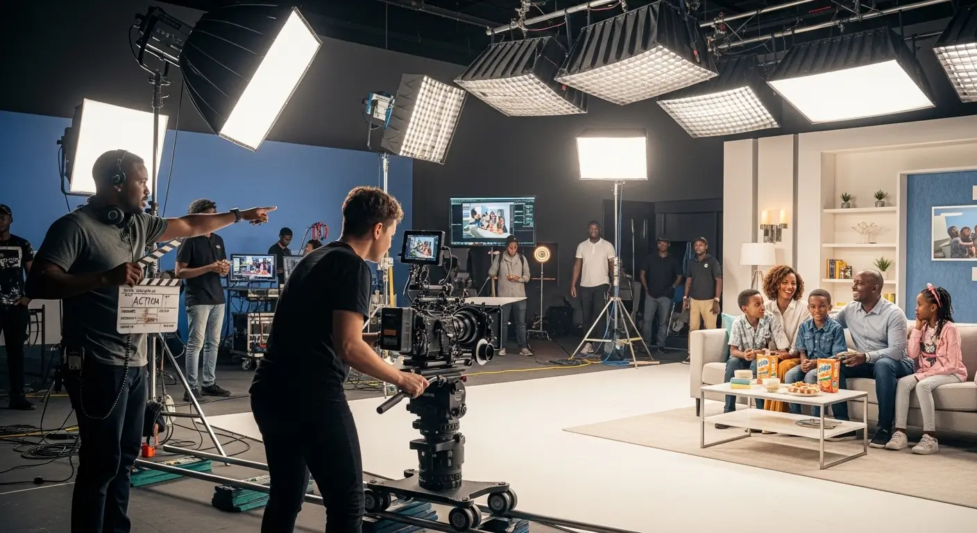 Kenyan director and camera operator filming a professional TV commercial with a Kenyan family on a branded studio set in Nairobi Kenya