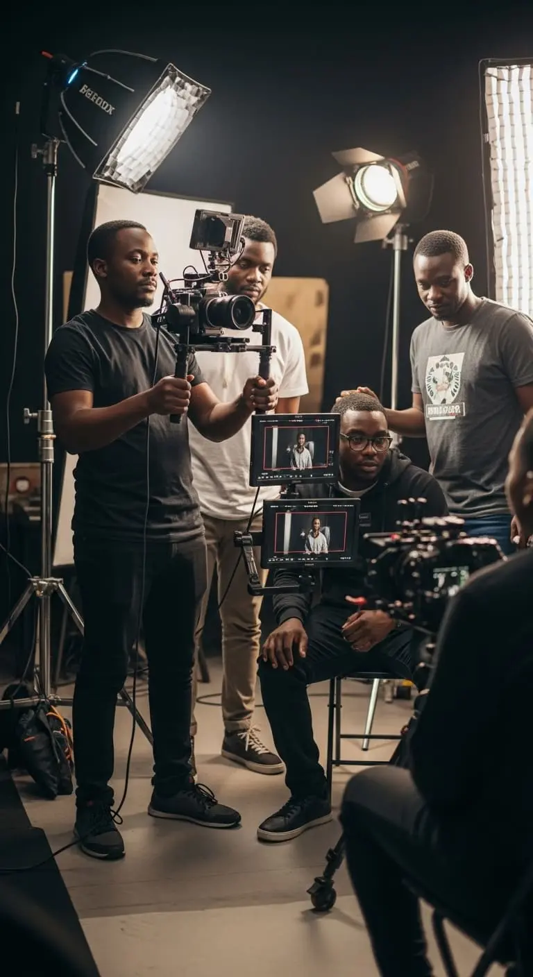 Professional video production team filming a corporate shoot in a modern studio, representing a top video production company in Kenya