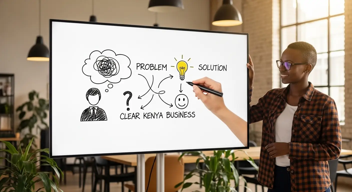 Kenyan creative director reviewing a professional whiteboard animation video sequence on a large monitor in a Nairobi creative studio showing hand drawn business storytelling