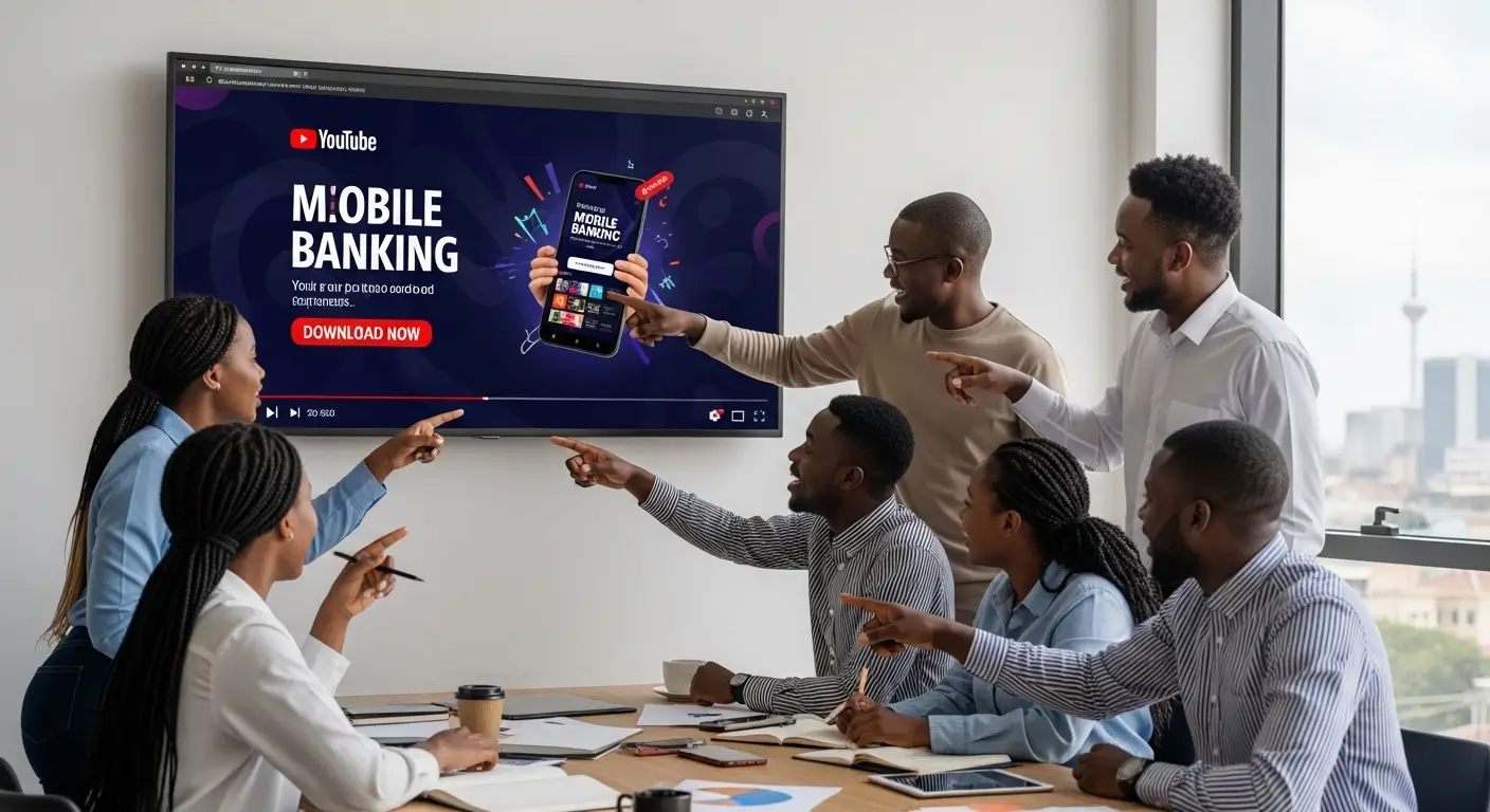 Kenyan creative team reviewing a professional YouTube advertisement video on a large monitor in a modern Nairobi office