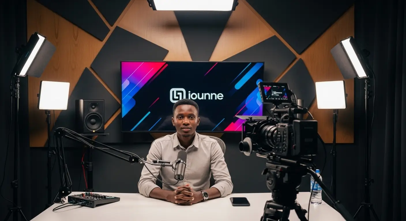 Professional Kenyan YouTube content creator recording long form video content in a beautifully designed branded studio setup in Nairobi with cinema camera and professional lighting