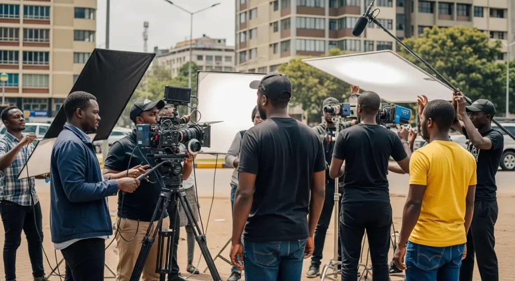 Kenyan video production crew working on location with cameras and lighting equipment in a Nairobi urban environment