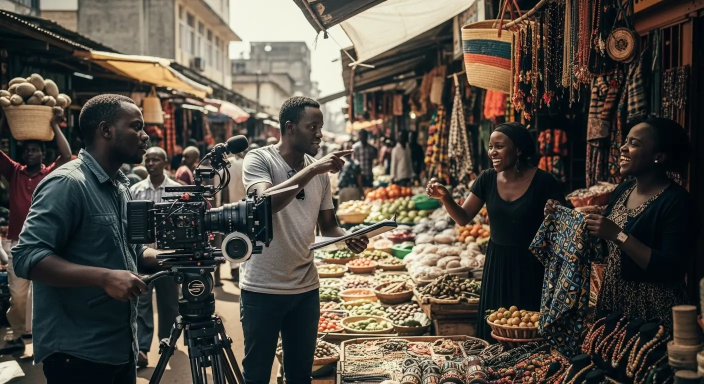 Kenyan film crew shooting branded video content on location in a vibrant Nairobi street market with local talent and director