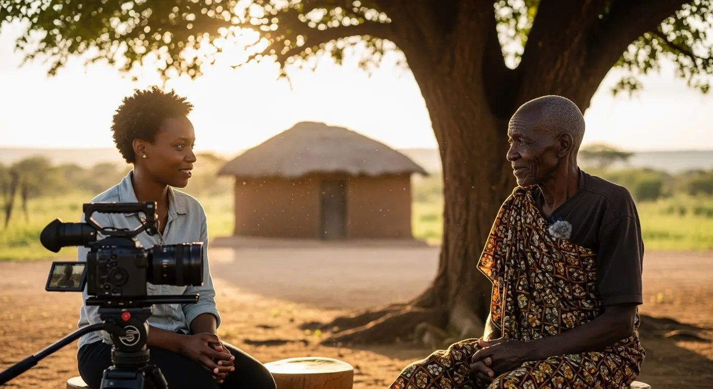 Kenyan documentary filmmaker interviewing an elderly Kenyan man on camera during a brand storytelling video shoot in rural Kenya