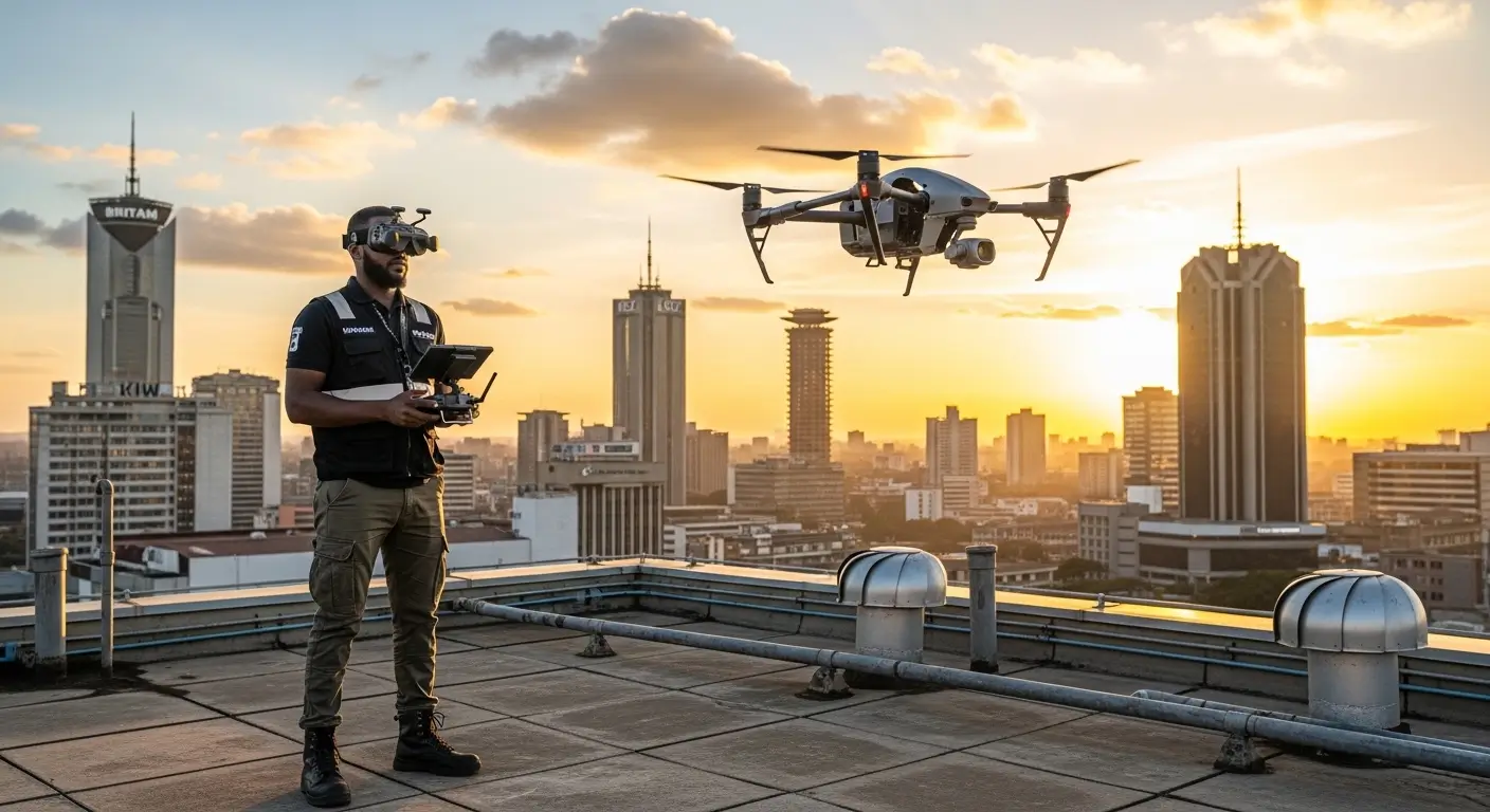 Kenyan drone operator flying a professional DJI drone over the Nairobi skyline for aerial videography services