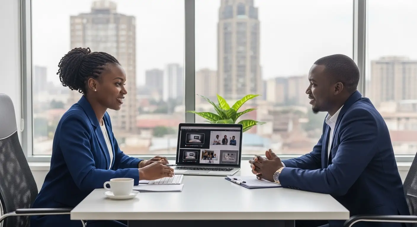 A Kenyan business consultant and client having a professional video production consultation in a modern Nairobi office with city skyline in the background
