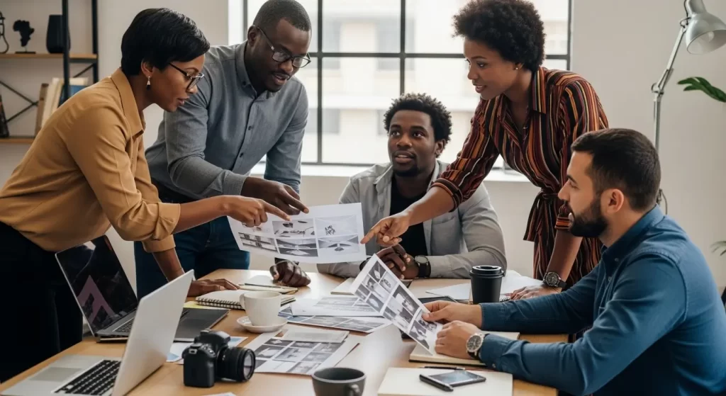 Kenyan business owner and video production team reviewing storyboards together in a creative meeting