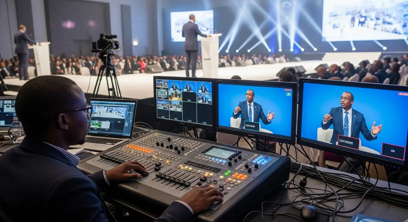 Kenyan live streaming technician managing a multi-camera broadcast setup at a corporate conference in Nairobi Kenya