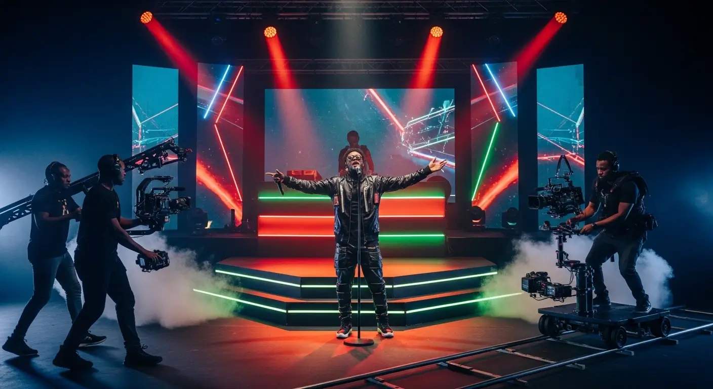 Kenyan music artist performing on a cinematic custom built set during a professional music video production shoot in Nairobi Kenya