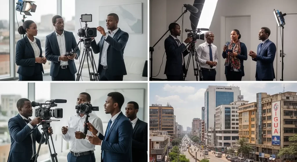 Kenyan video production crew filming a corporate scene in a modern Nairobi office and urban outdoor setting