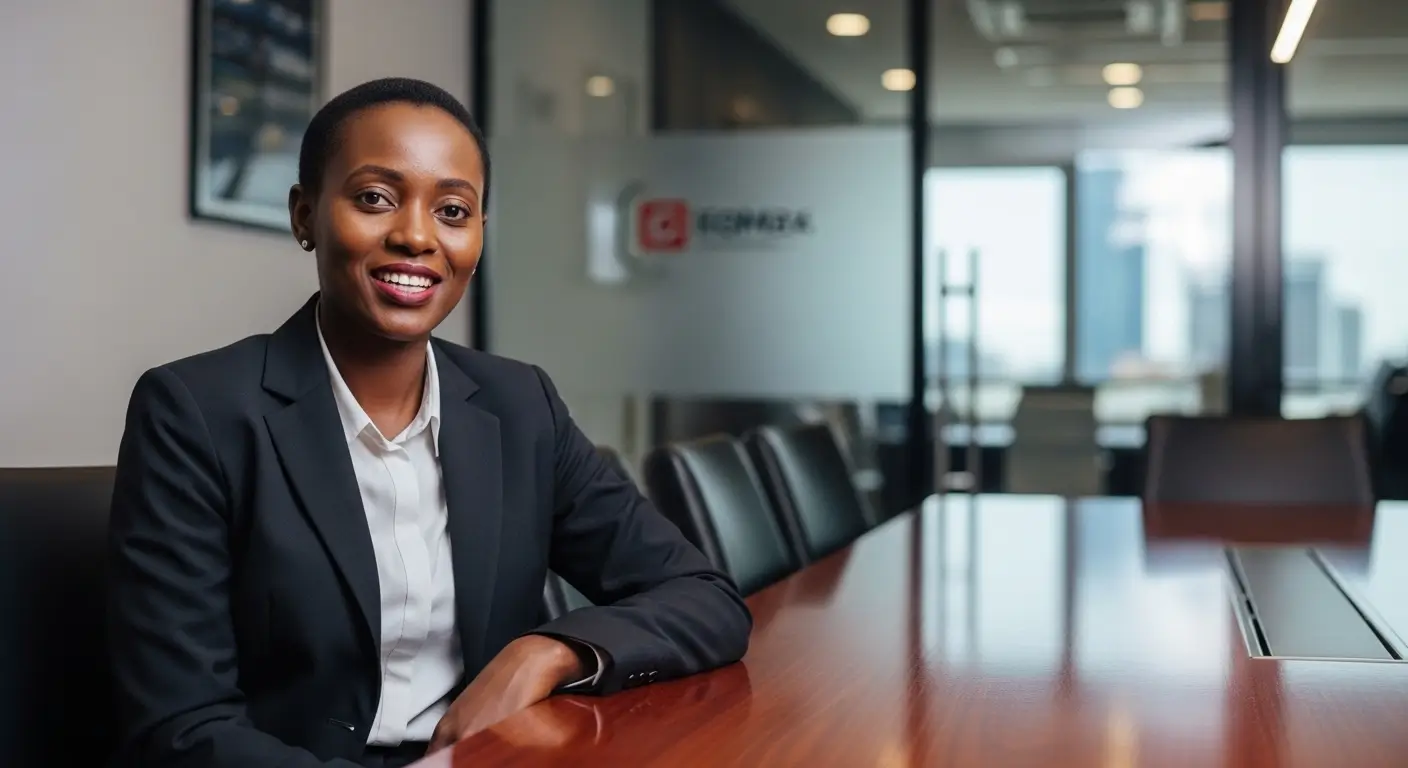 Kenyan businesswoman recording a client testimonial video in a professional interview setup in a modern Nairobi boardroom