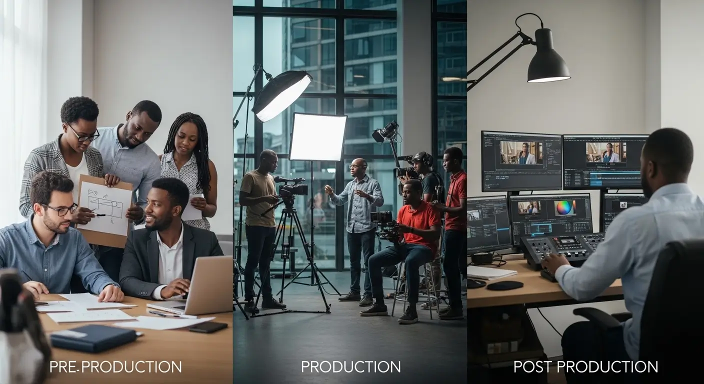 Illustration of pre-production, production, and post-production stages of video production with Kenyan professionals working