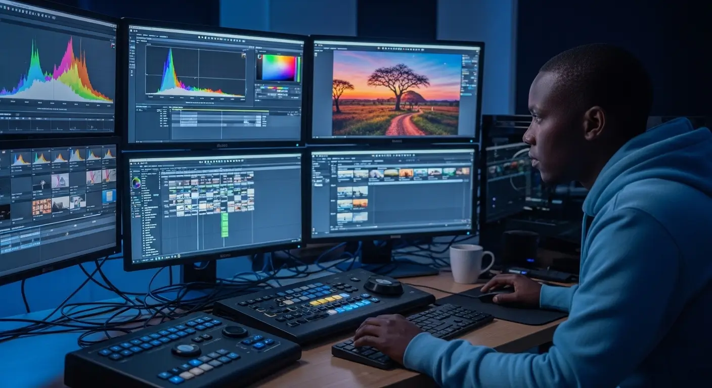 Kenyan video editor working on professional post production color grading and editing in a Nairobi edit suite