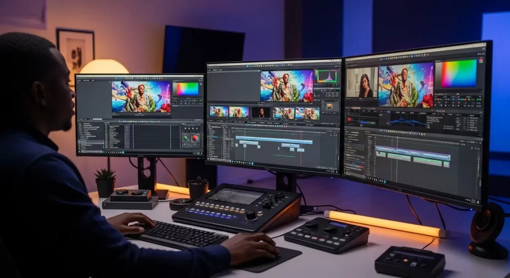 Kenyan video editor using multi-screen workstation with color grading software and editing timeline visible