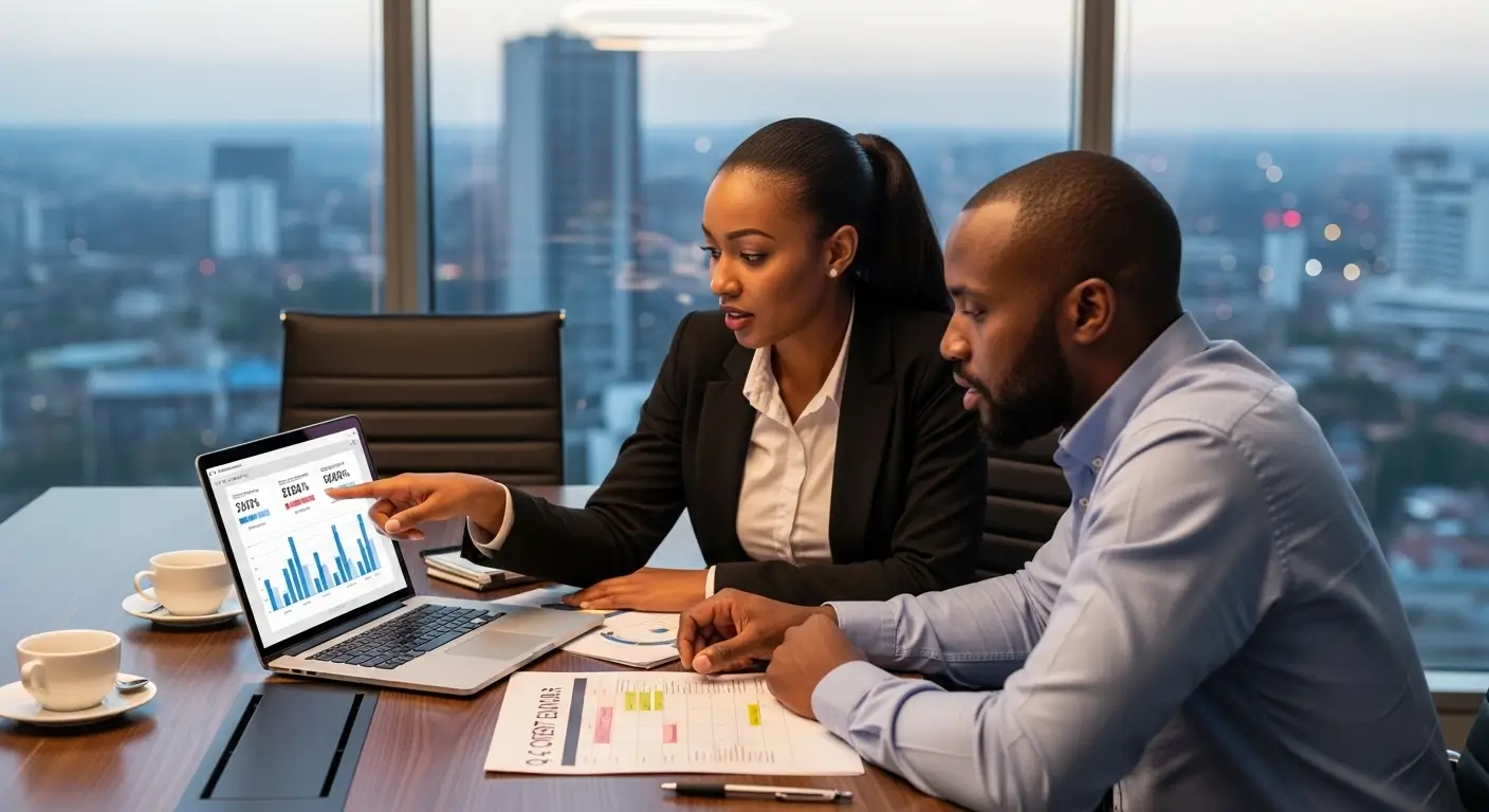 Kenyan marketing consultant and business client reviewing a video marketing strategy and analytics plan in a modern Nairobi office