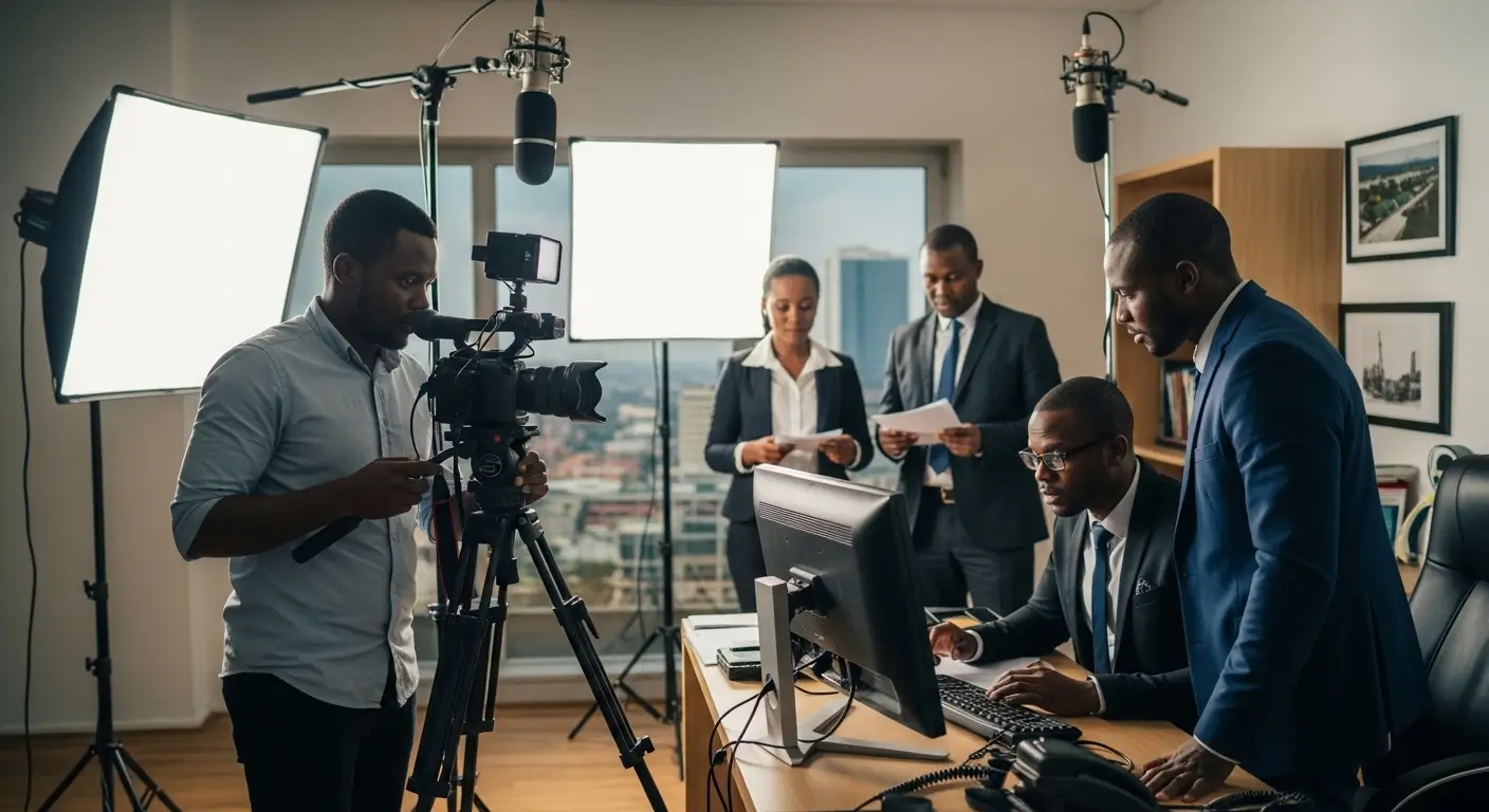 Kenyan video production team filming a corporate business video in a modern office setting in Nairobi